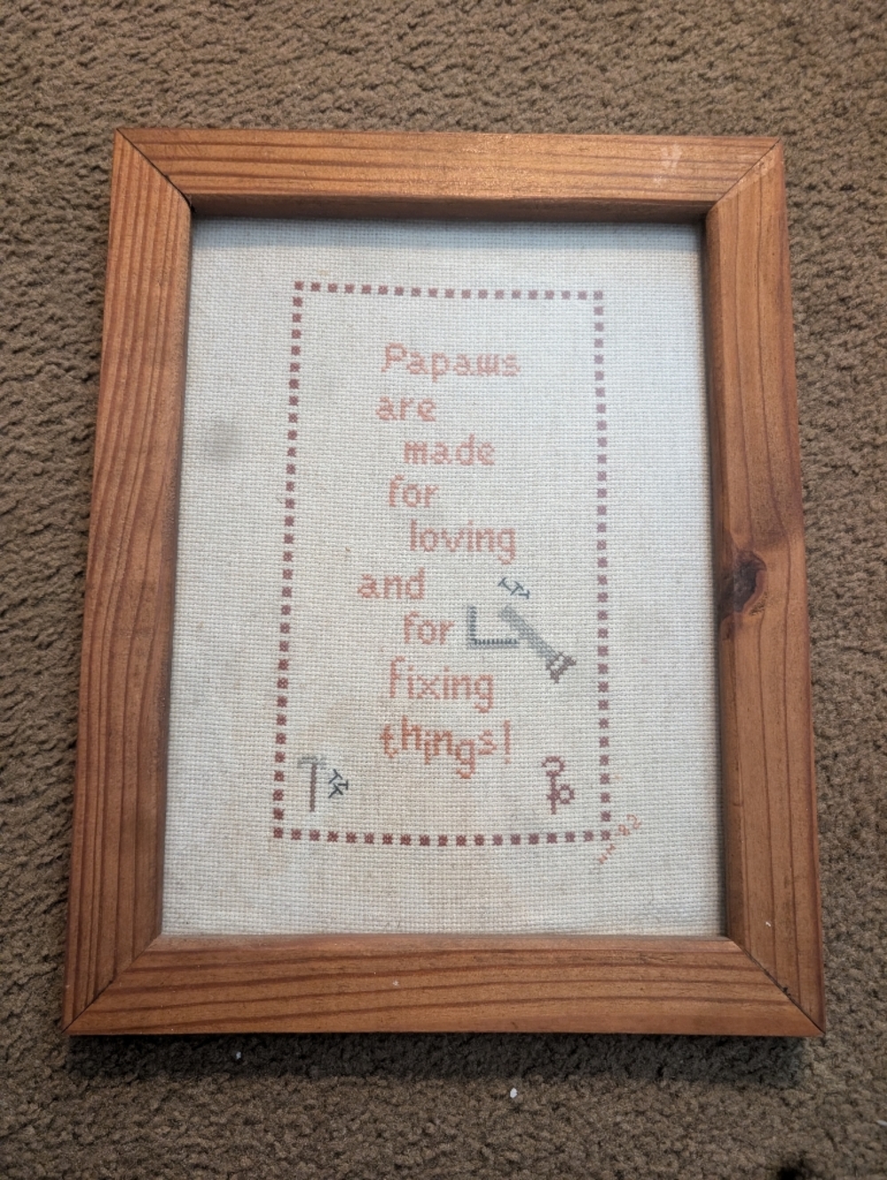 Framed Cross-Stitch Saying in Coral